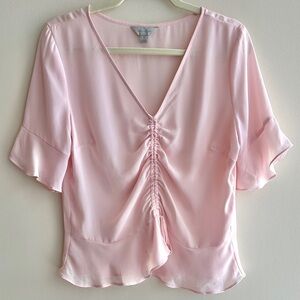 Belle Sky Ballerina Pink Ruched V-Neck Blouse, Size Medium